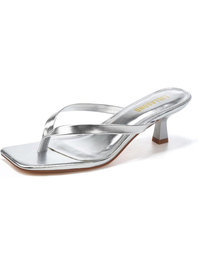 Women's Silver Faux Leather Square Open Toe Flip Flop Kitten Heel Sandals